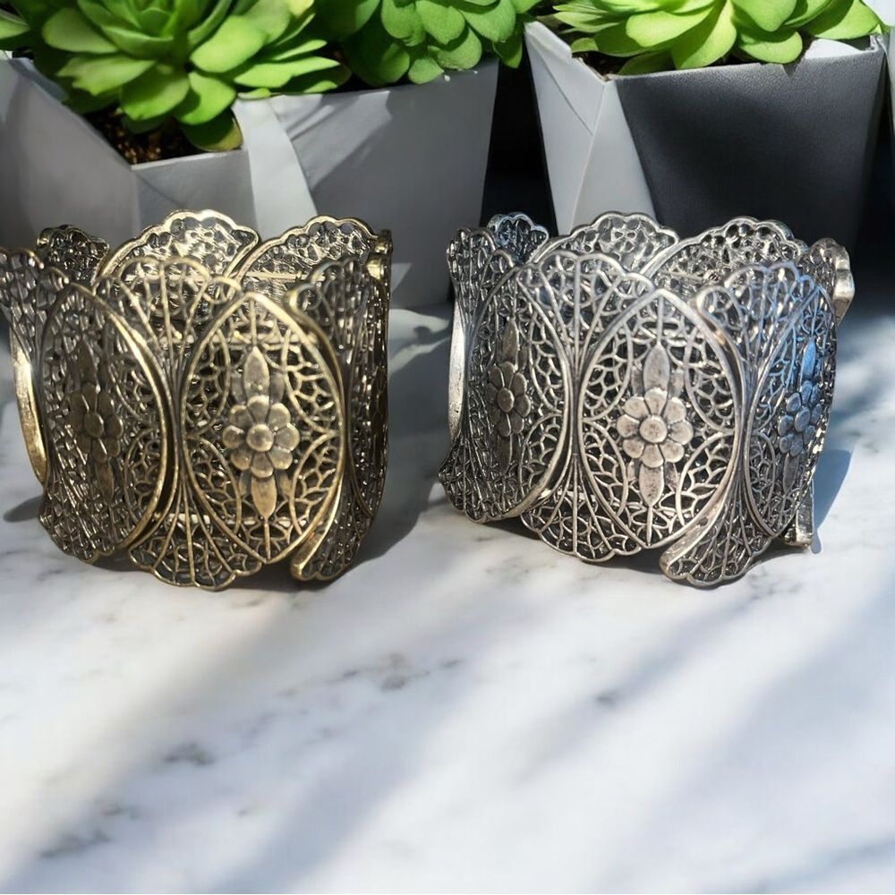 Two Bronze and Silver Tone Wide Filigree Stretch Bracelets